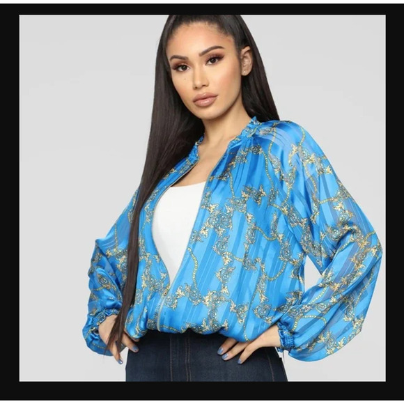 NEW SIZE 1X Fashion Nova SUPER LIGHTWEIGHT Where you goin bomber blue gold - Picture 4 of 7